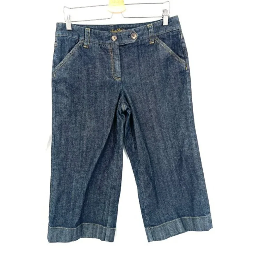 Ann Taylor modern fit Lindsay waist dark wash denim‎ blue wide leg cropped 10